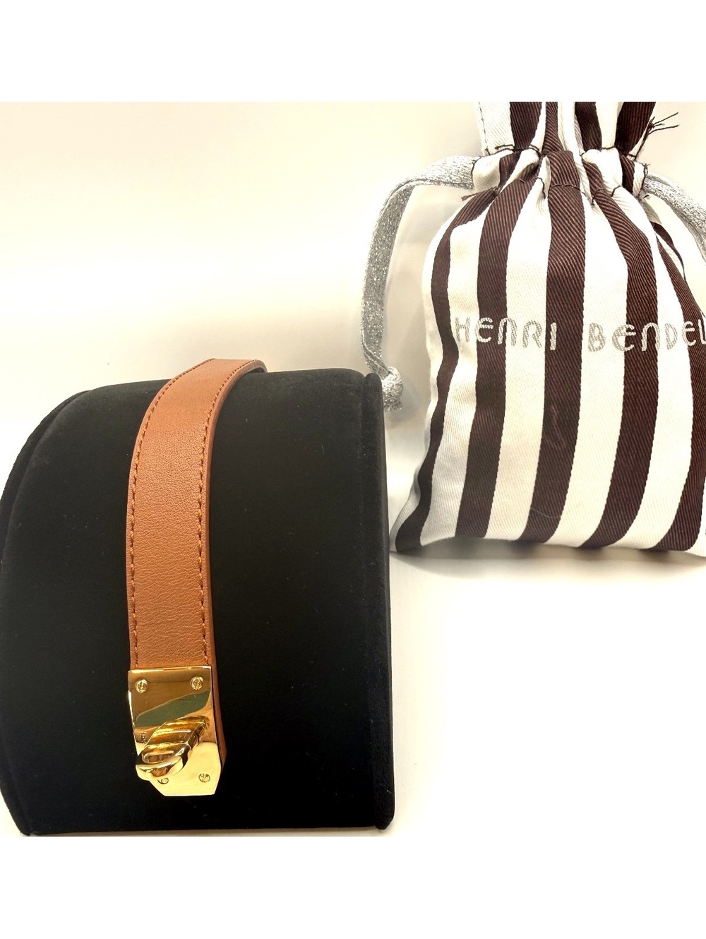 Henri Bendel Tan Leather Wrap Bracelet with Gold-Tone Logo Plate, Adjustable